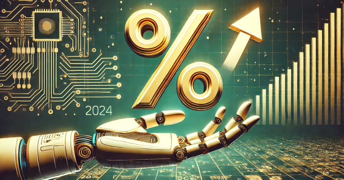 Robotic hand holding a percentage symbol with an upward arrow, representing crypto staking trends in 2024.