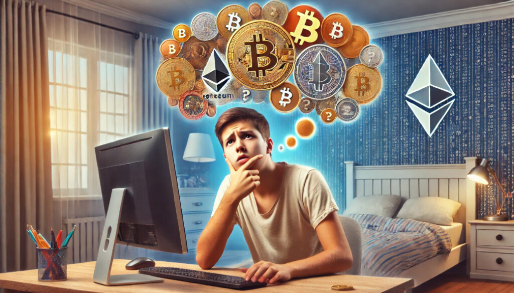 Young trader pondering cryptocurrency choices with Bitcoin and Ethereum symbols floating above, seated at a computer.