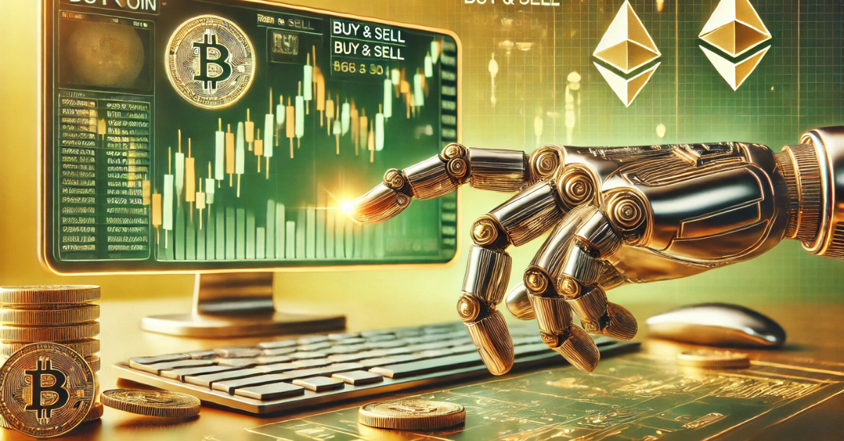 Robot hand interacting with a computer displaying cryptocurrency charts for Bitcoin and Ethereum, symbolizing day trading.