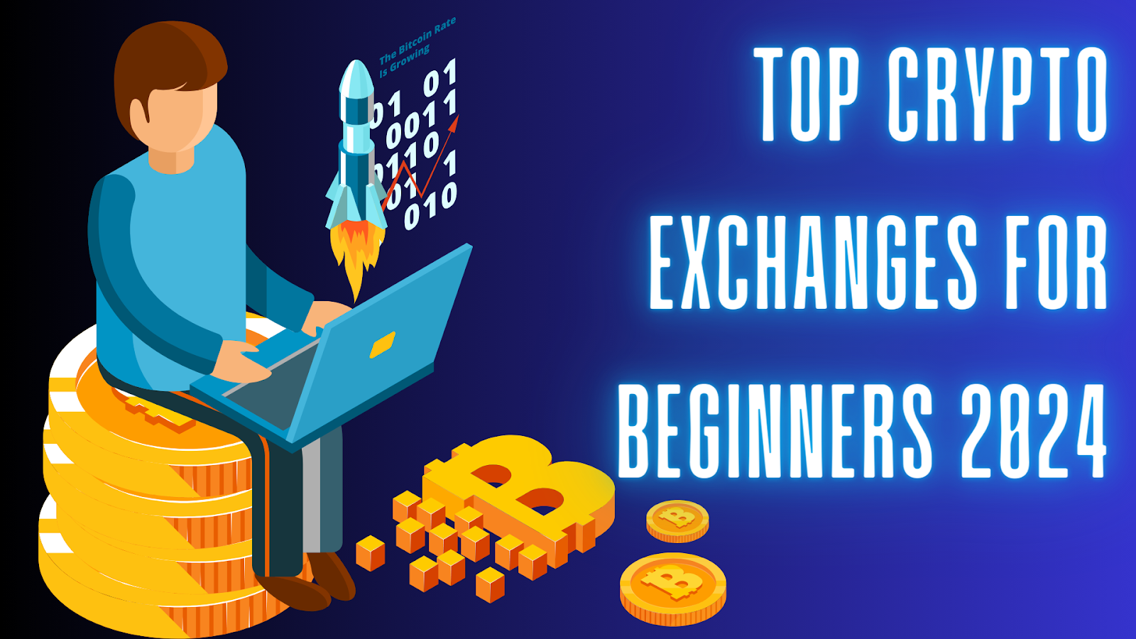 Illustration of a person using a laptop with Bitcoin symbols, titled 'Top Crypto Exchanges for Beginners 2024'.