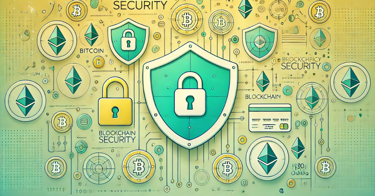 security concept featuring Bitcoin, Ethereum, and crypto protection symbols with padlocks and shields.