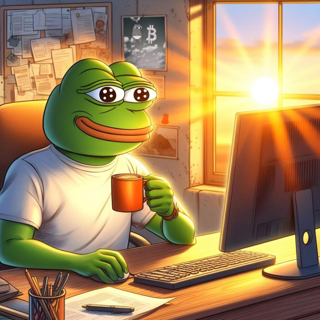 Pepe the Frog meme character sipping coffee while using a computer, symbolizing Pepe Coin's rise in crypto culture.