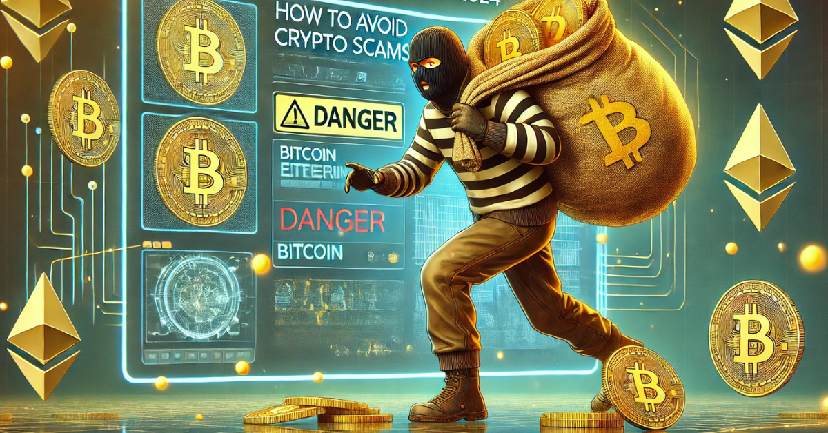 Masked thief stealing Bitcoin with warning signs, highlighting dangers of crypto scams in 2024.