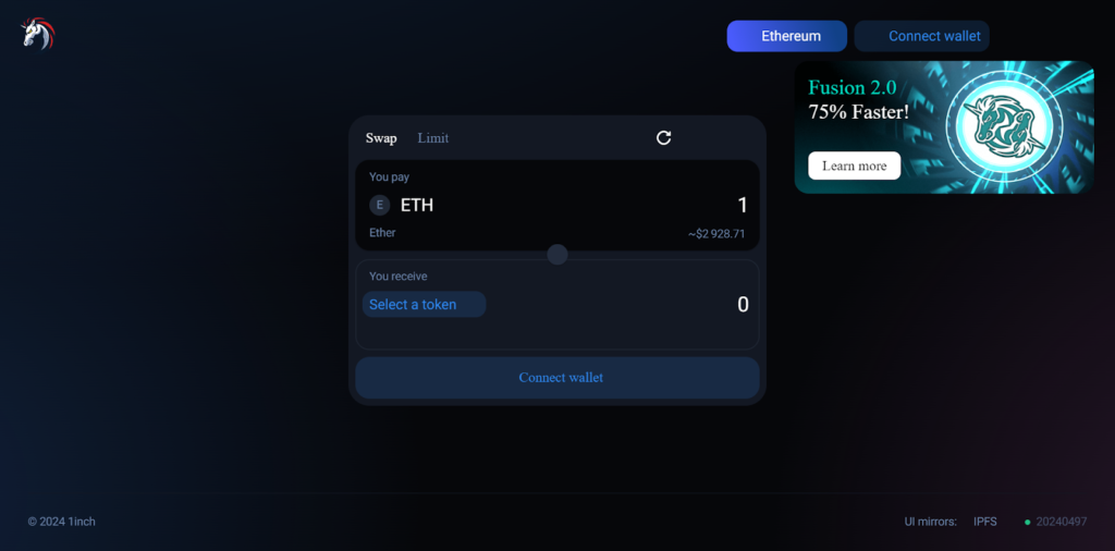 1inch exchange interface for swapping 1 ETH with the option to select a token and connect a wallet.