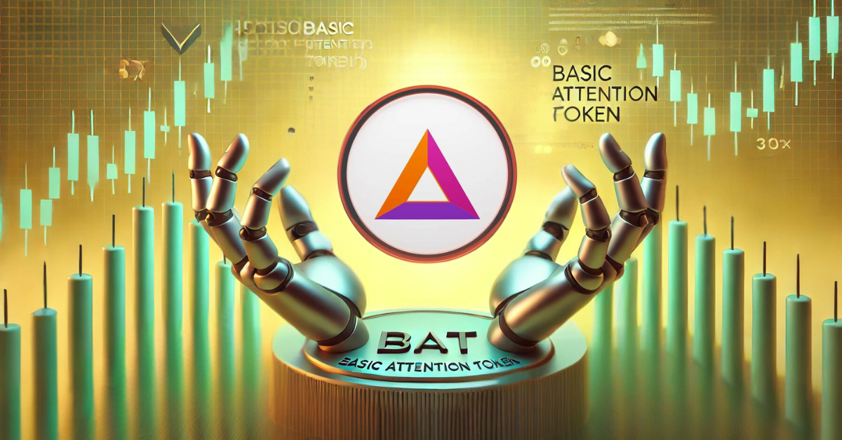 Robotic hands holding Basic Attention Token (BAT) symbol with rising stock chart in background.