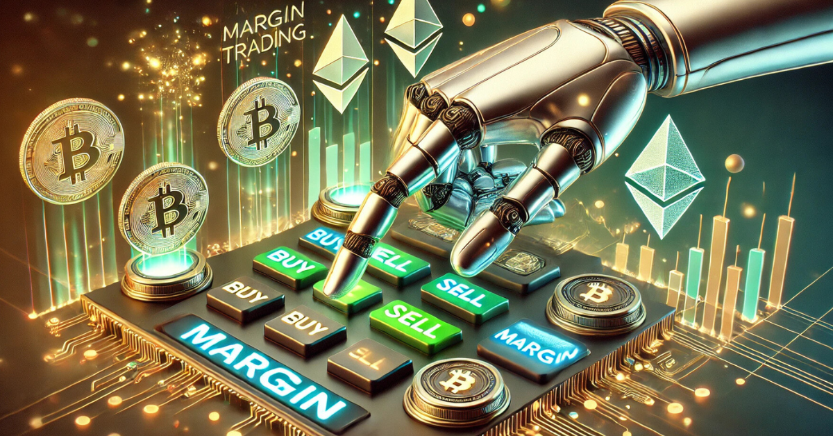 Robotic hand pressing buttons for buy and sell in a crypto margin trading exchange interface.