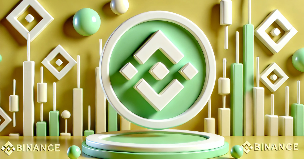 Binance logo with 3D trading candlesticks in the background, representing Binance trading in 2024.