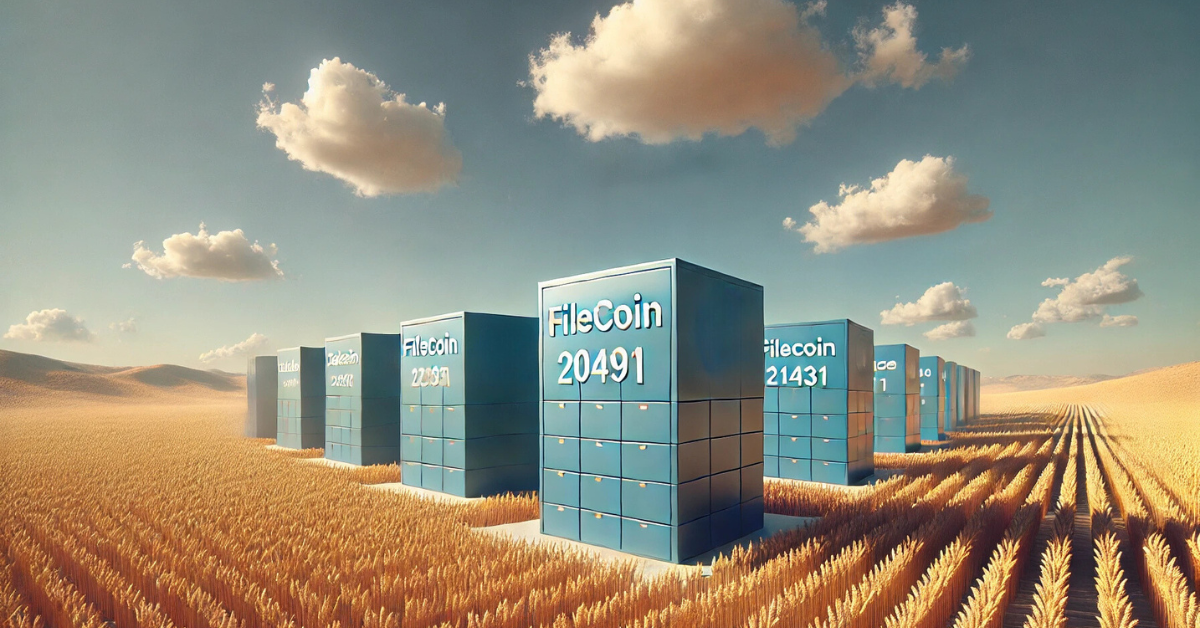 Filecoin data storage units represented as giant servers in a wheat field under a cloudy sky, symbolizing decentralized data storage.