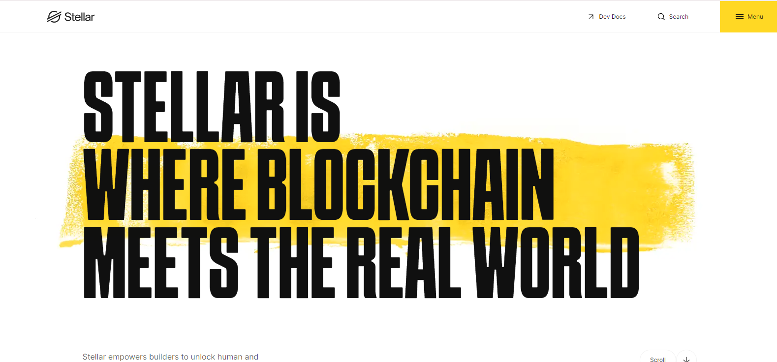 Stellar homepage with the bold text 'Stellar is where blockchain meets the real world' emphasizing the integration of blockchain with real-world applications.