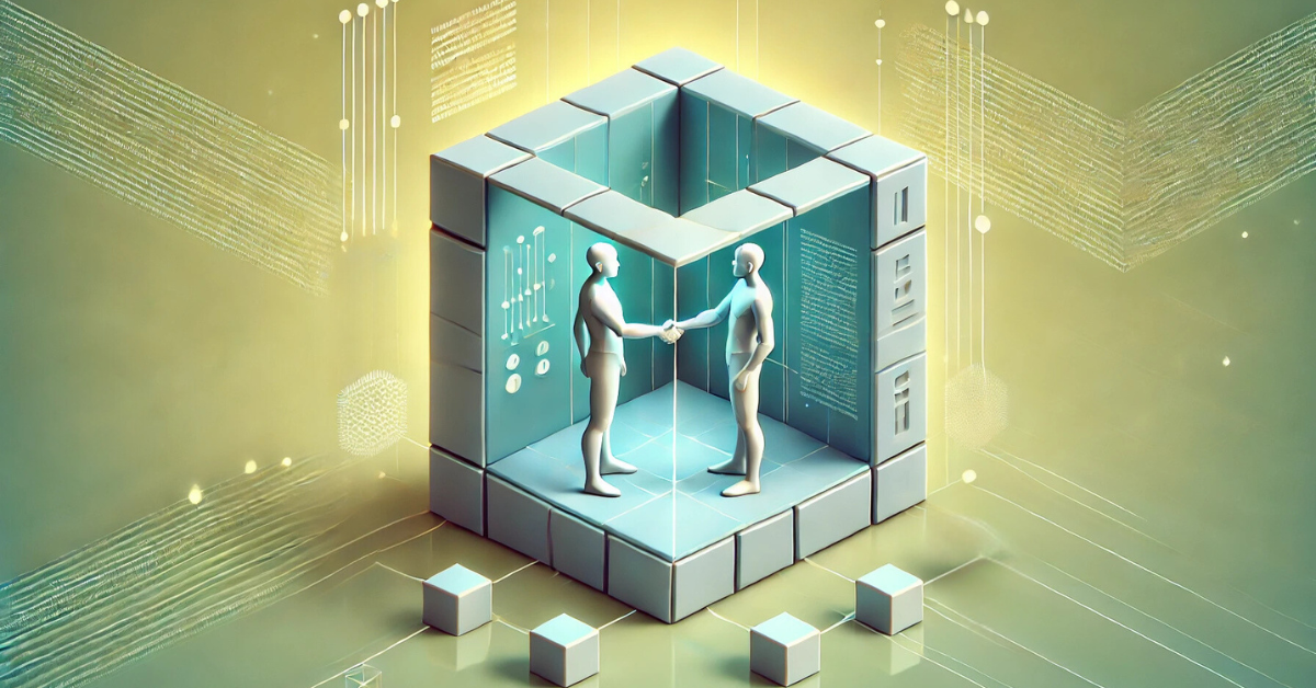 Chainlink smart contract depicted as two figures shaking hands inside a digital cube, representing secure decentralized agreements.