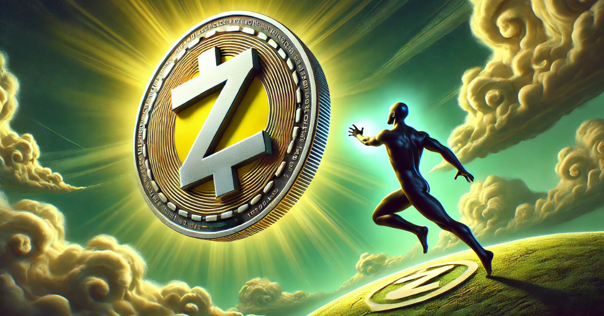 ZCash coin glowing in the sky, with a figure running towards it, symbolizing privacy and decentralized financial freedom.