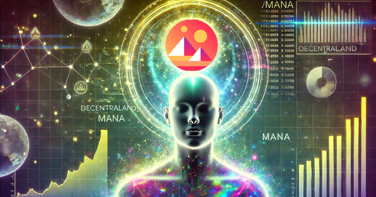 Decentraland (MANA) with futuristic design, depicting charts, blockchain nodes, and a human silhouette for metaverse and virtual reality.