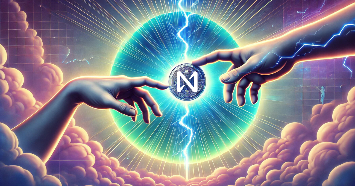 NEAR Protocol highlighting scalability with sharding, depicted through hands reaching towards a glowing coin in a futuristic scene