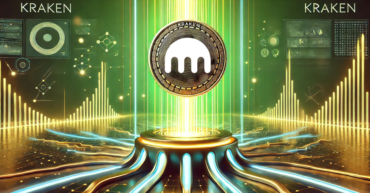 Kraken crypto exchange represented by a futuristic coin, surrounded by glowing data and rising charts.