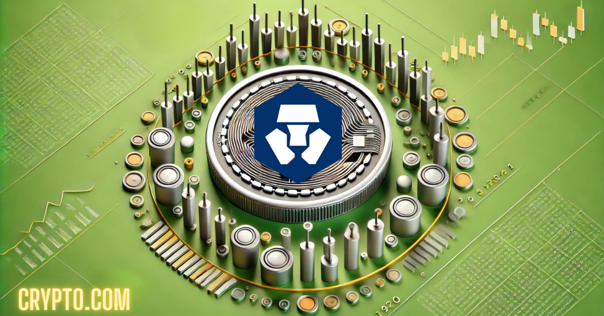 Crypto.com platform represented by a futuristic coin and circuit, surrounded by market data and technical charts.