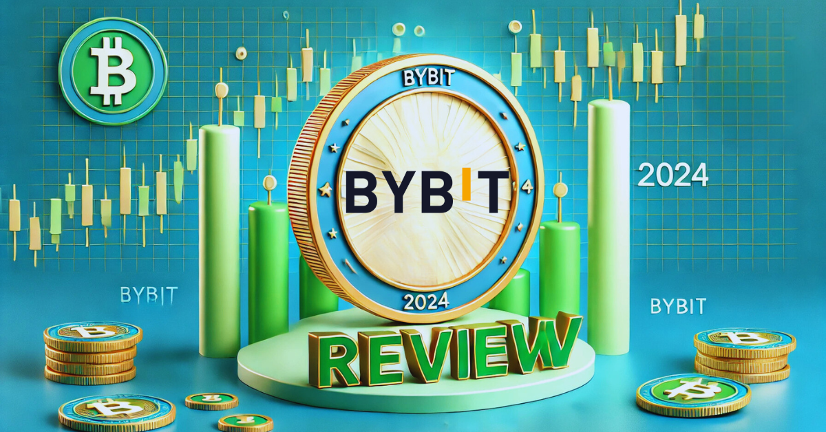 Bybit 2024 review illustration with cryptocurrency coins and market charts in the background.