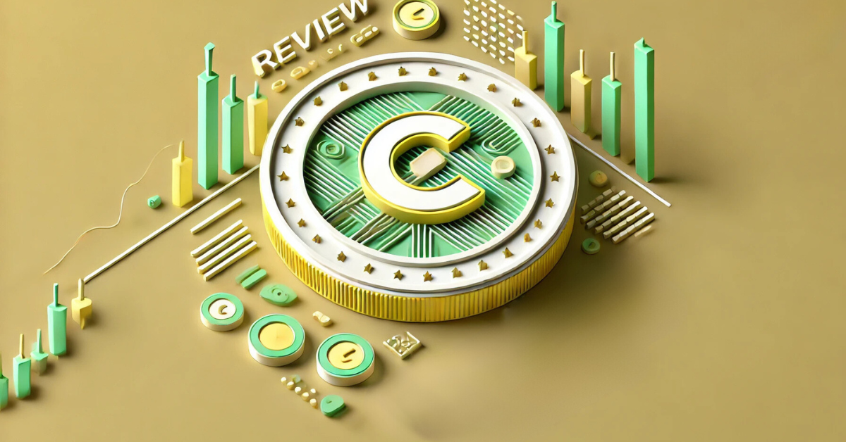 Coinbase 2024 review illustration with cryptocurrency symbols, charts, and a large coin marked with a 'C'.