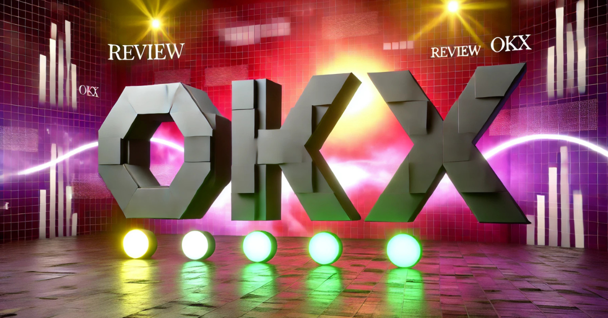 OKX 2024 review with bold logo and futuristic design elements against a vibrant red and pink background.