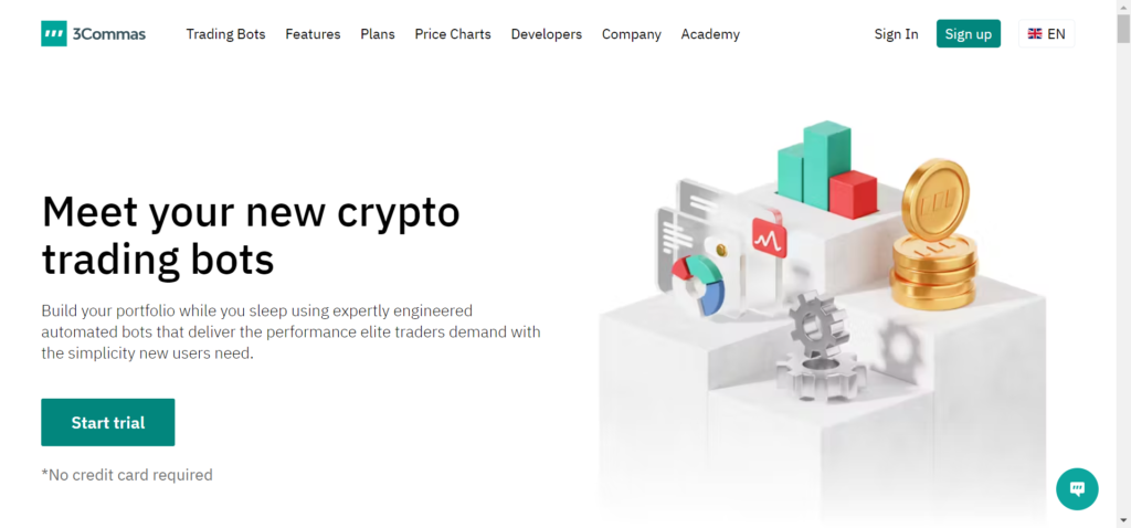 3Commas homepage highlighting crypto trading bots, offering portfolio management and automated trading features with a trial option.