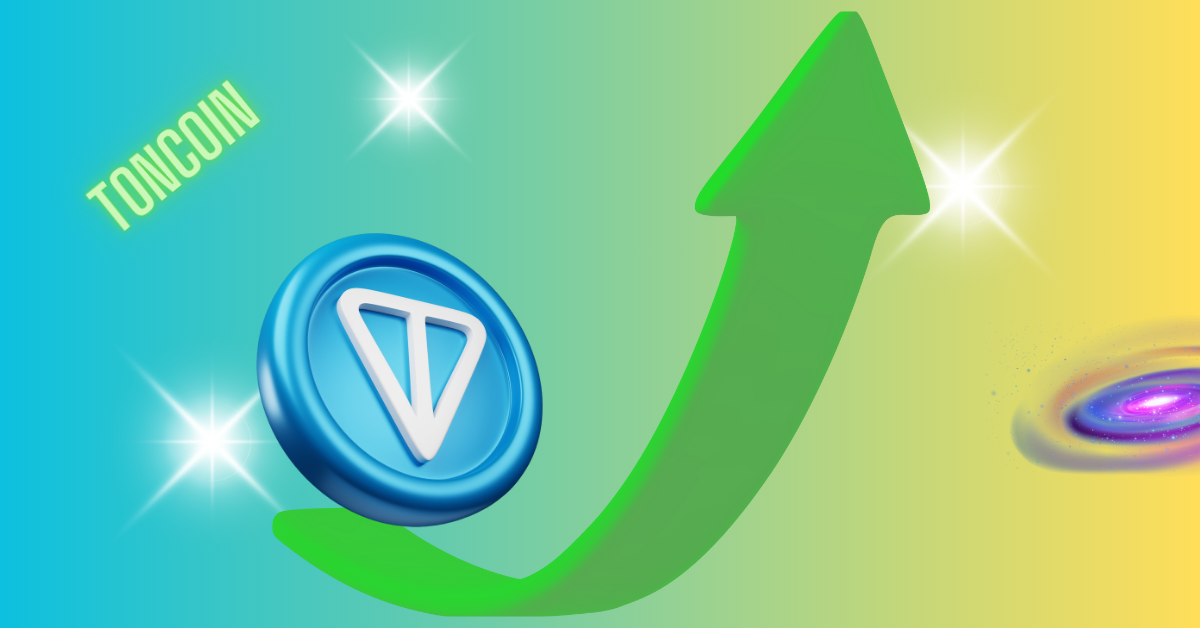 TON Blockchain coin with an upward arrow, symbolizing growth and progress, against a colorful gradient background.