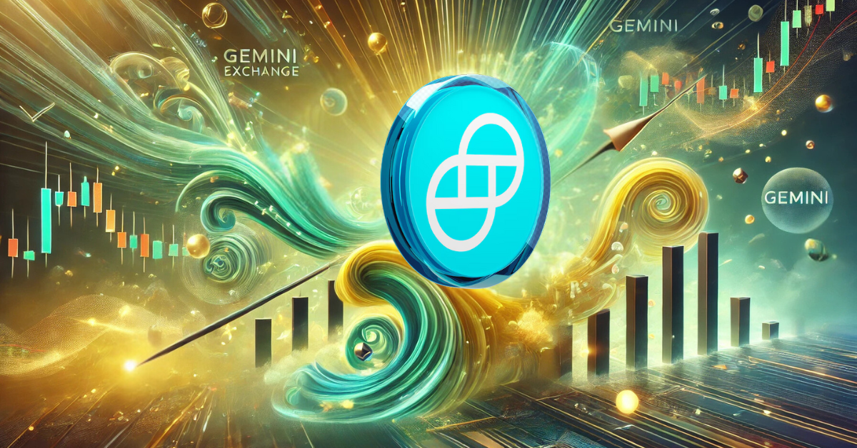 Gemini exchange logo with swirling financial graphs and arrows indicating growth, representing a dynamic review of Gemini's performance and features.