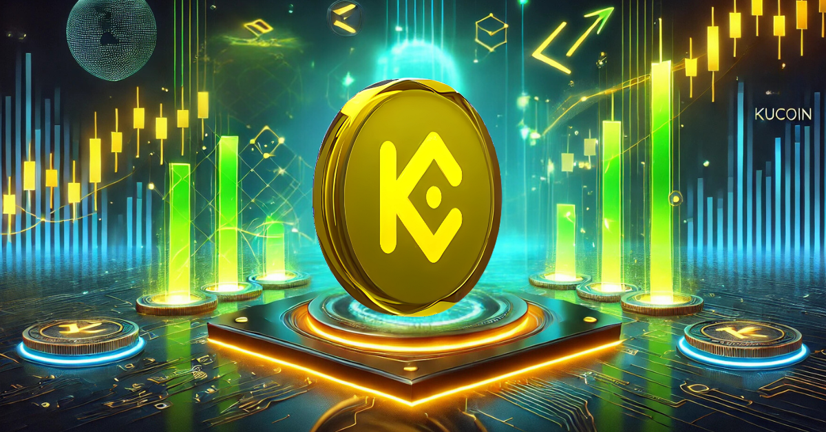 KuCoin exchange logo surrounded by vibrant bar charts and financial graphs, representing a detailed 2024 review of the KuCoin cryptocurrency platform.