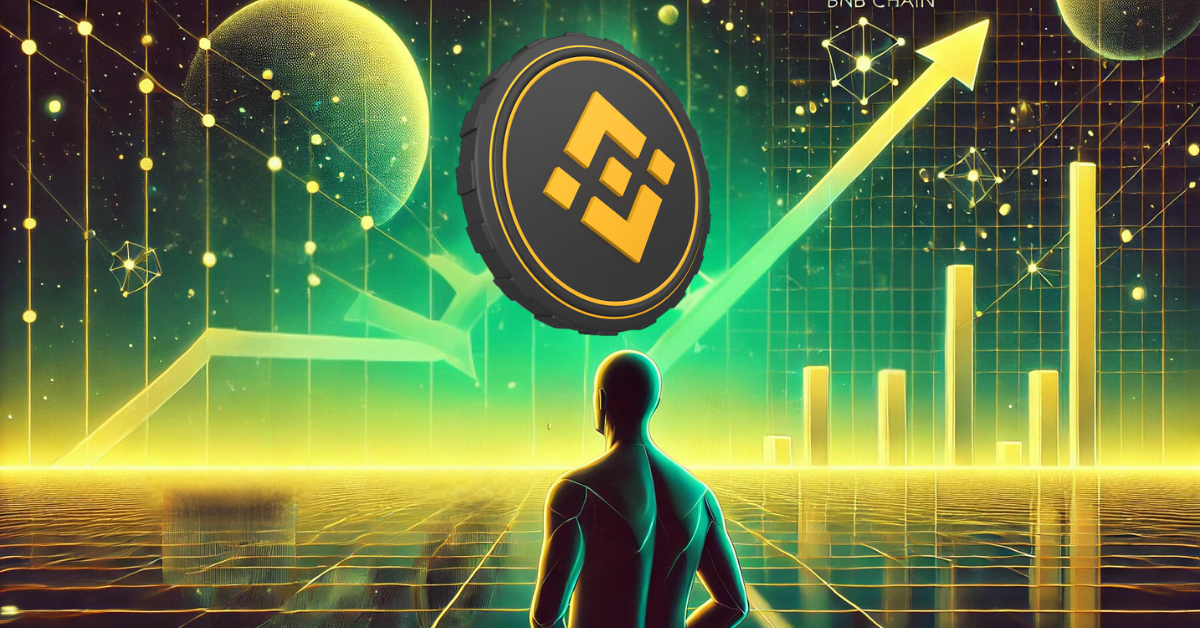 A futuristic digital illustration of the BNB token rising with a figure gazing at charts and financial graphs, symbolizing the exploration of Binance's native cryptocurrency.