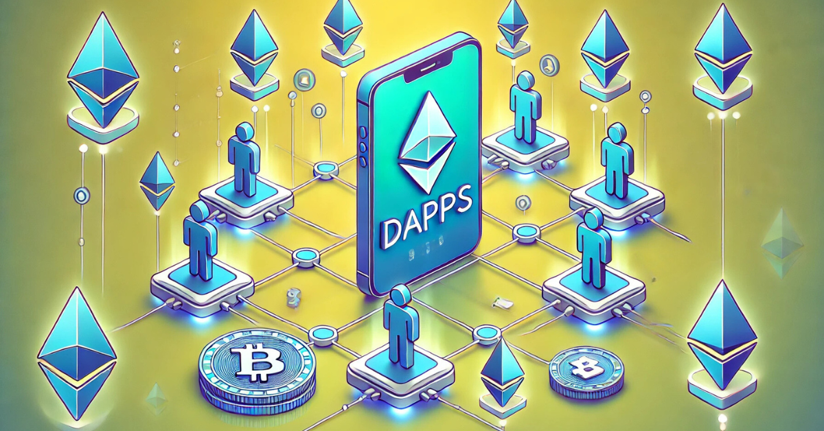 Illustration of DApps with users, Ethereum logos, and a decentralized network, showing how DApps operate on blockchain.