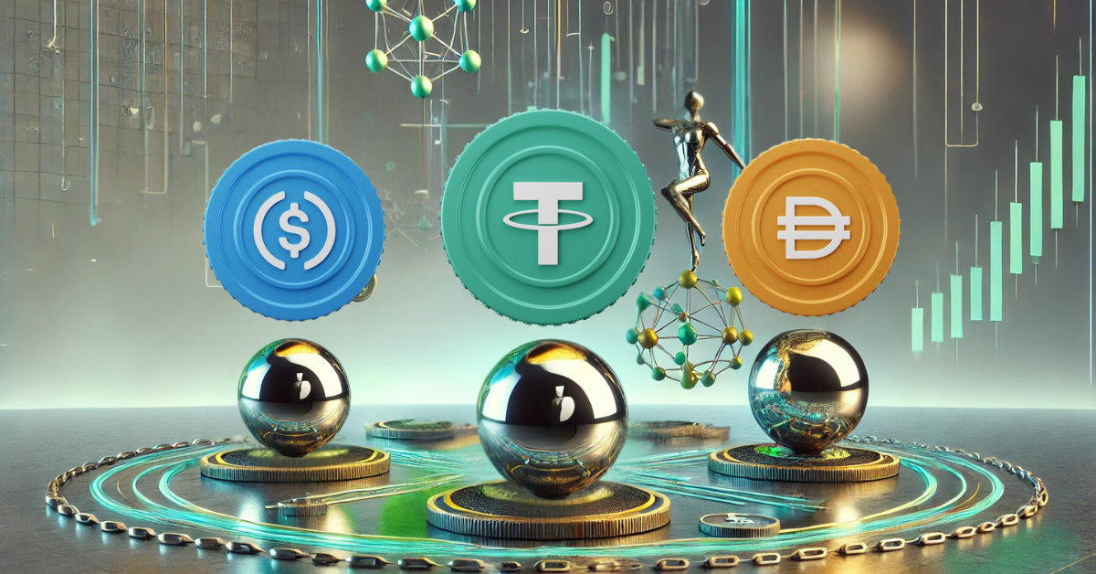 Illustration of stablecoins, including USDC, Tether, and DAI, with futuristic elements symbolizing stability in cryptocurrency.