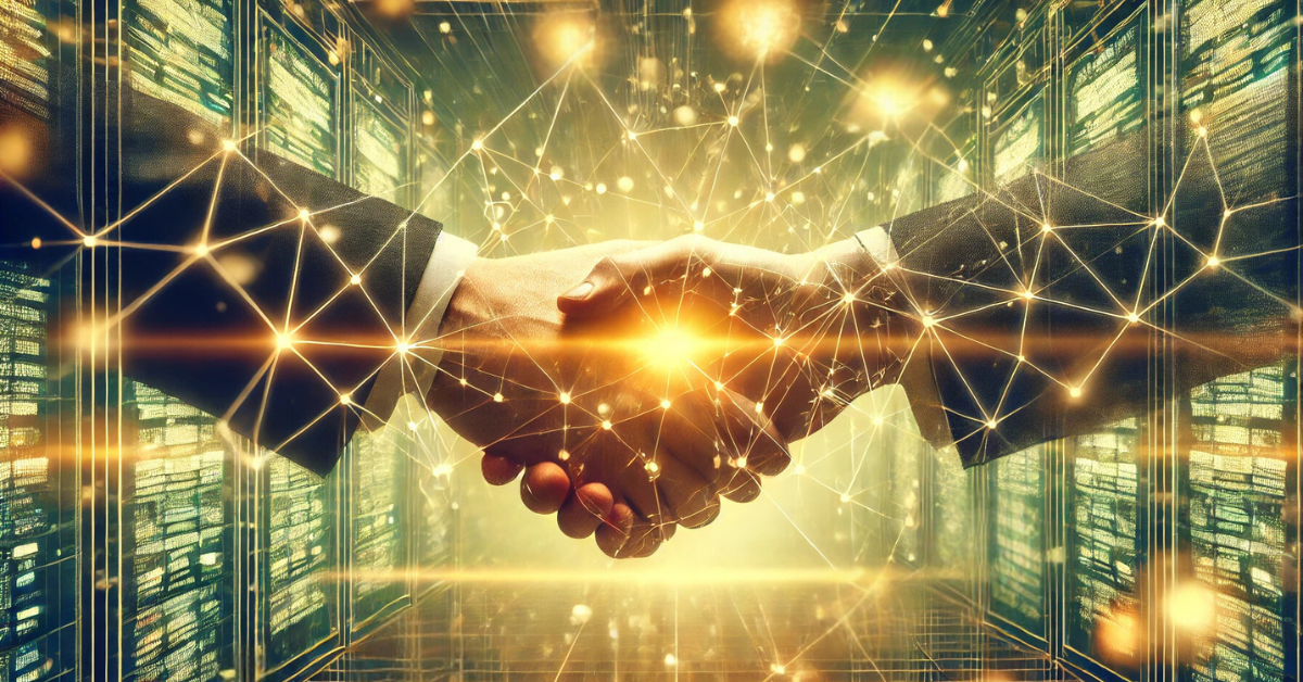 Two hands shaking with digital connections and nodes surrounding them, symbolizing trust and automation in smart contracts.