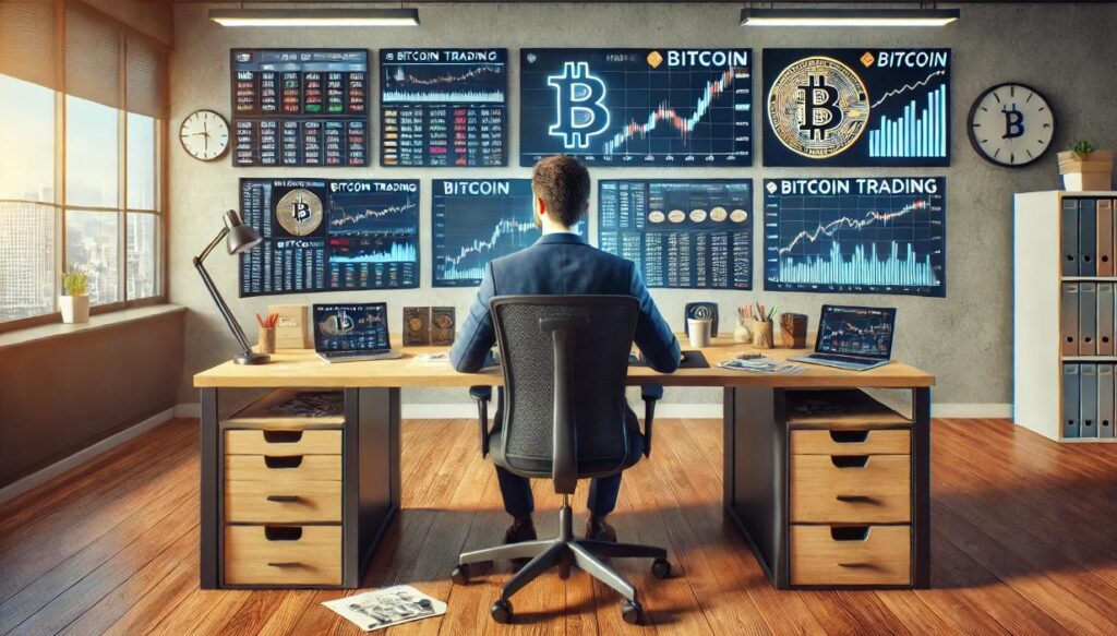 Bitcoin trading setup with multiple screens showing charts and data, ideal for both beginners and experienced traders.