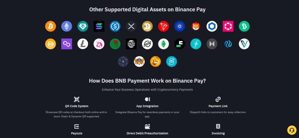 Binance Pay supported digital assets icons and description of BNB payment features, including QR code, app integration, payment links, and invoicing.