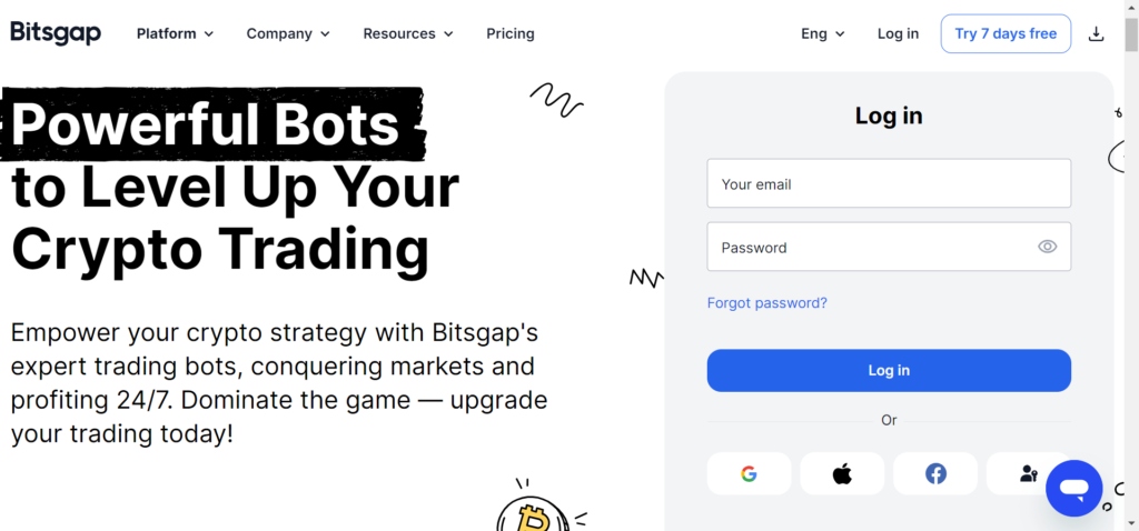 Bitsgap homepage featuring powerful crypto trading bots with a login form, offering a 7-day free trial to enhance trading strategies.