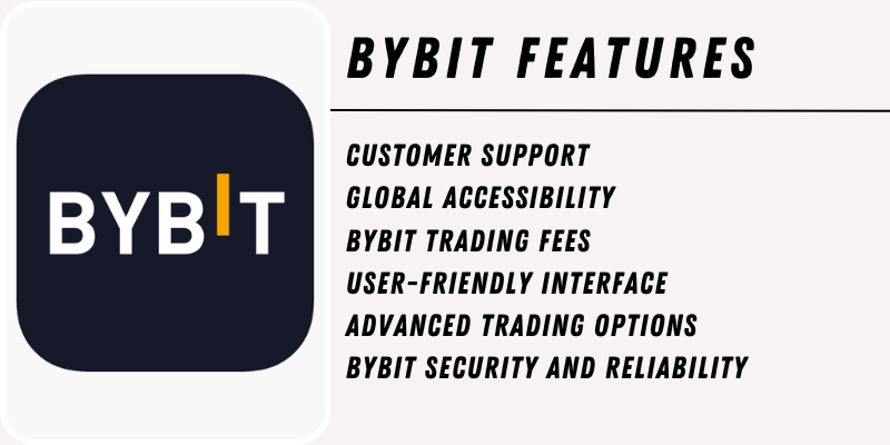 Bybit Features including customer support, global accessibility, trading fees, user-friendly interface, advanced trading options, and security.