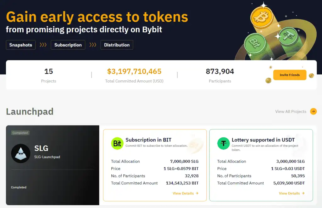 Bybit Launchpad: Gain early access to tokens from promising projects, with detailed statistics on project participation and committed amounts.