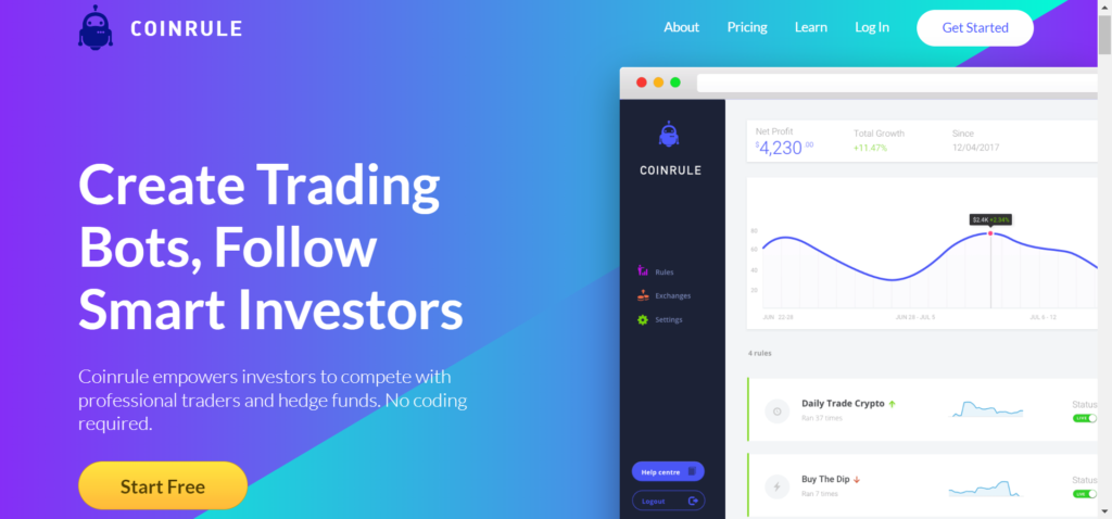 Coinrule homepage showcasing customizable crypto trading bots with automated trading rules and no coding required, offering a free trial.