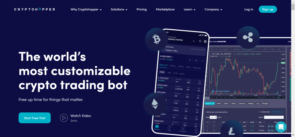 CryptoHopper homepage showcasing the customizable crypto trading bot with a free trial option and trading interface visuals.