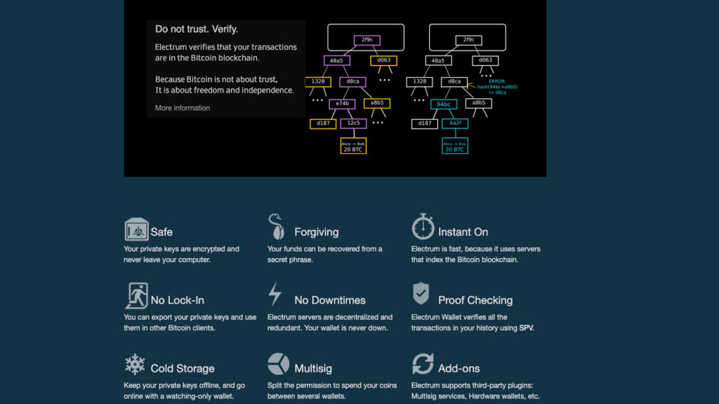 Electrum homepage promoting Bitcoin transaction verification with features like encryption, cold storage, instant on, and proof checking.