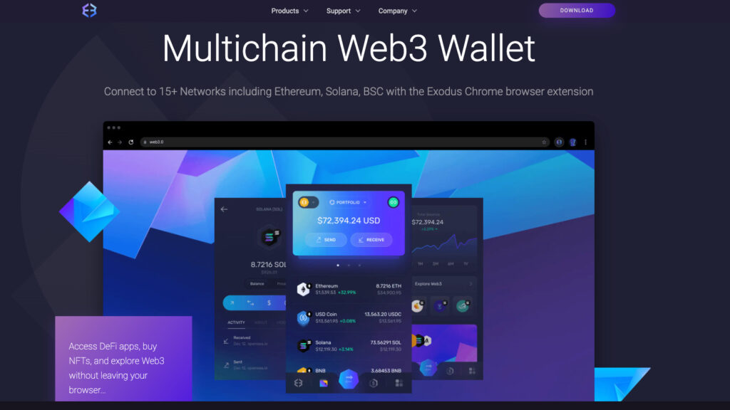 Exodus Multichain Web3 Wallet homepage featuring support for 15+ networks, DeFi apps, NFTs, and Web3 integration via a browser extension.