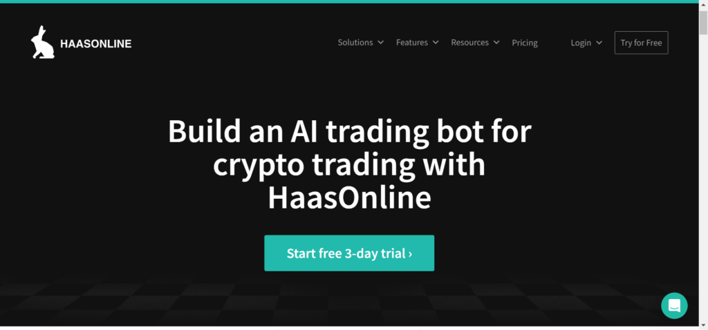 HaasOnline homepage featuring AI crypto trading bot creation with a free 3-day trial offer and a black background design.