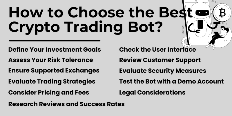 Infographic on choosing the best crypto trading bot: investment goals, risk, supported exchanges, strategies, pricing, and reviews.