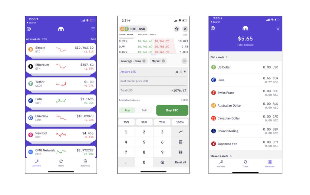 Kraken mobile app screenshots showing market overview, trade execution, and fiat balance management on iOS.