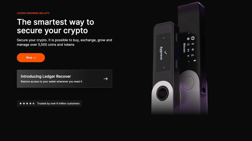 Ledger hardware wallets advertisement highlighting secure crypto storage and Ledger Recover service for wallet access.