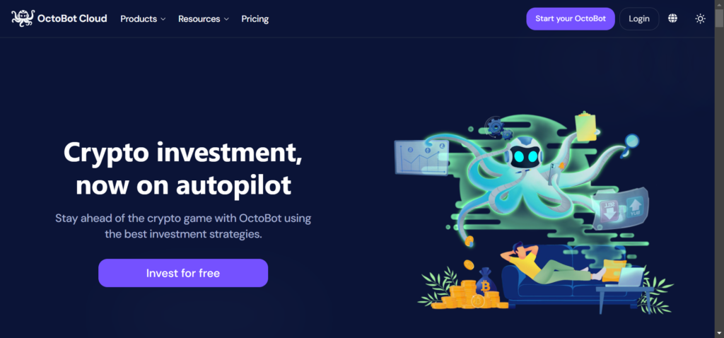 OctoBot Cloud homepage showcasing an automated crypto investment bot using AI strategies for hands-free trading with a start button.