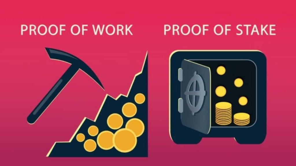 Illustration comparing Proof of Work with a mining pickaxe and Proof of Stake with coins in a vault, showing consensus mechanisms.