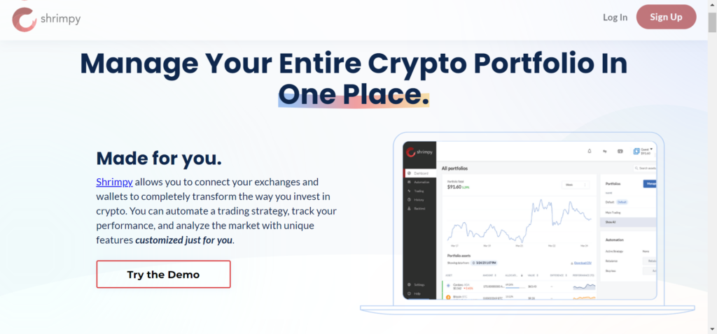 Shrimpy homepage offering tools to manage your crypto portfolio in one place with automated strategies and performance tracking.