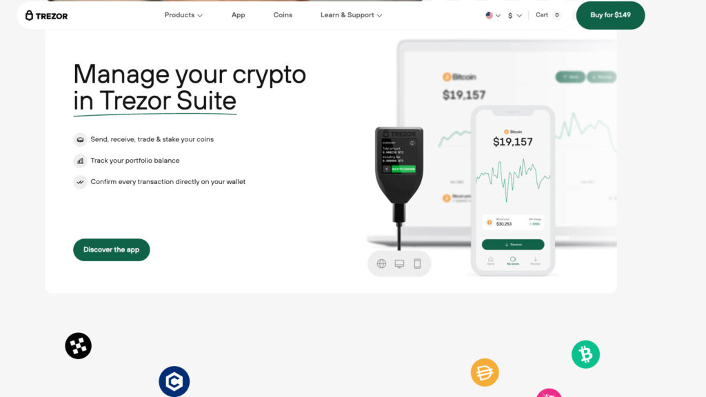 Trezor Suite homepage showcasing crypto management features like sending, receiving, trading, and tracking portfolio balance.