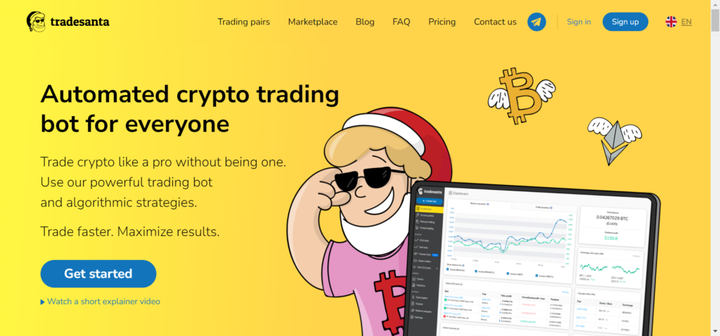 TradeSanta homepage featuring an automated crypto trading bot with algorithmic strategies, user-friendly design, and a get started button.