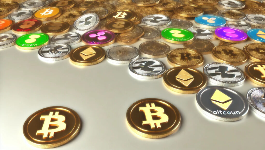 A variety of cryptocurrency coins representing different altcoins, including well-known symbols like Bitcoin, Ethereum, and others, scattered on a surface.