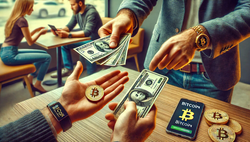 People exchanging Bitcoin and cash in a café, symbolizing the growing popularity and adoption of cryptocurrency in everyday transactions.